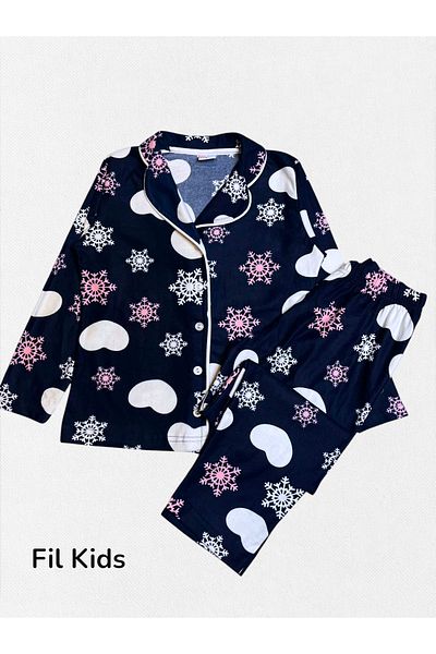 Fil Kids Girl's Cotton Fabric Suede Navy Blue Heart Snowflake Patterned Piping Shirt Collar Pajama Set