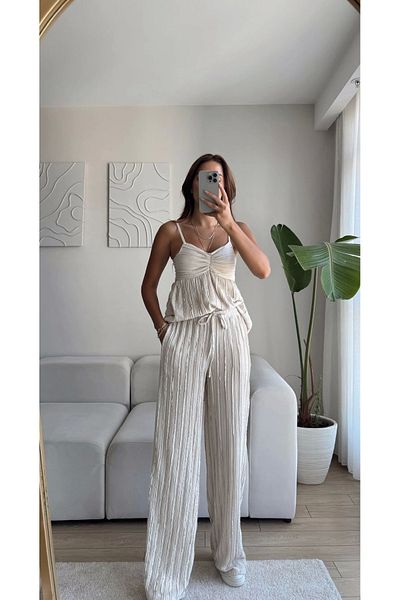 Zoom Butik Double Breasted Strap Blouse & Trousers Set - Beige
