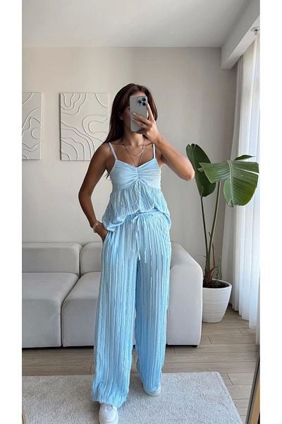 Zoom Butik Double Breasted Strap Blouse & Trousers Set - Blue