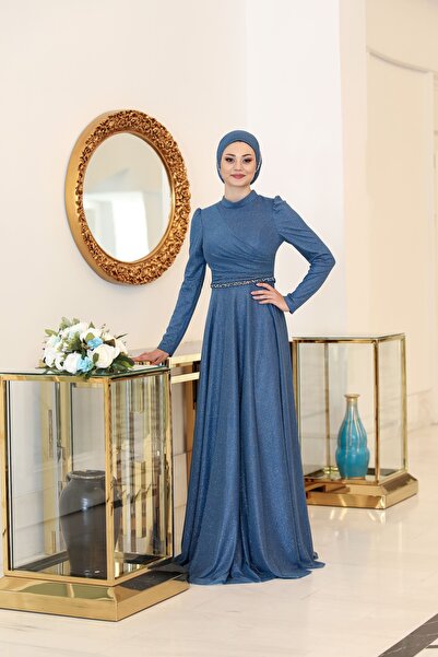 miss newal Işıl Büyük Beden Renkli Kumaş Taşlı Tesettür Abiye İndigo