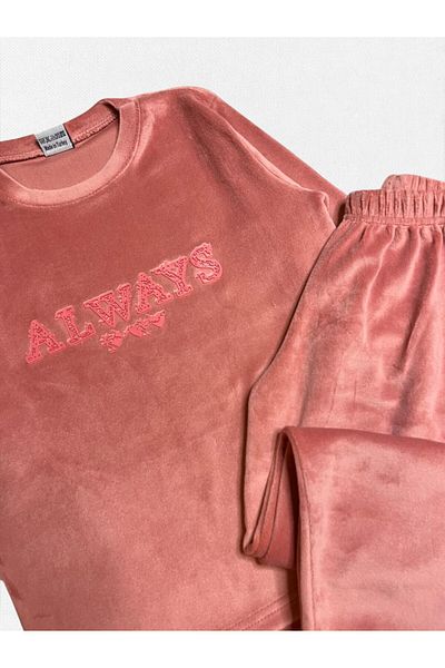 Fil Kids Girls' Cotton Velvet Fabric Dusty Rose Color Always Heart Pattern Winter Mother-Daughter Pajamas Set