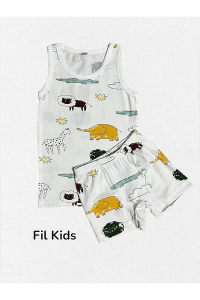 elmas kids Boys' 100% Cotton White Color Giraffe Elephant Crocodile Patterned Network Stitched Undershirt Boxer Set