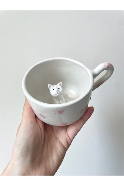 Nouis Handmade White Cat Figure Ceramic Mug