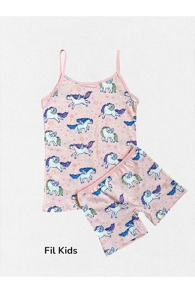 elmas kids Girl's 100% Cotton Light Pink Color Unicorn Patterned Thin Strap Undershirt Boxer Set
