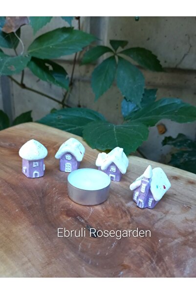 Ebruli Rosegarden 4 lü Mor Minyatür Beton Karlı Evler 3-4 cm Boyutlu Simli Ve...