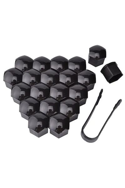 OEM Set 20 Plastic Covers for Lug Nuts, 17mm Diameter, Compatible with Volkswagen, Ford, Citroen, Black