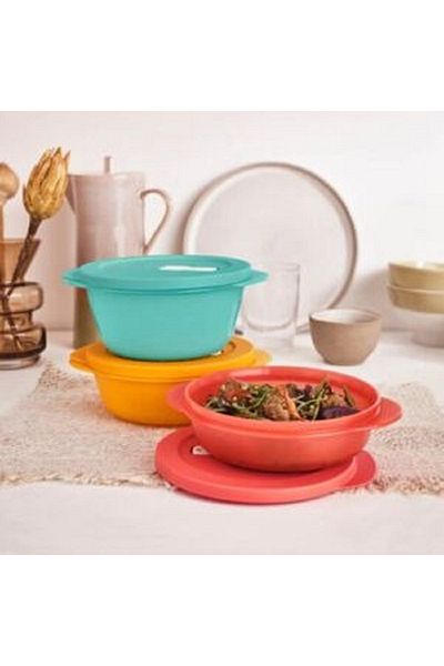 Tupperware 3-Piece Dishwasher and Microwave Safe Store, Serve and Go Bowl Set – Multicolour Medium