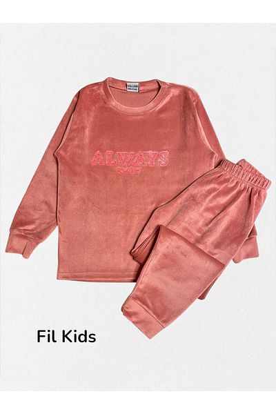 Fil Kids Girls' Cotton Velvet Fabric Dusty Rose Color Always Heart Pattern Winter Mother-Daughter Pajamas Set