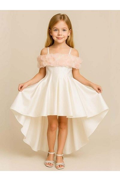 Zekids Girl's Princess Sleeve Flower Detailed Back Bow Tail Design Evening Dress