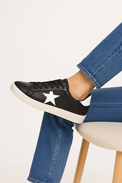 cevaplus Μαύρο γυναικείο χρυσό δερμάτινο sneaker