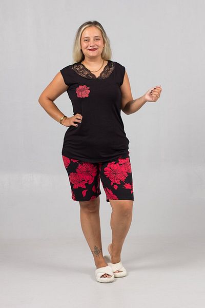 Truva XXL Plus Size Sleeveless Black Pajama Top and Red Floral Shorts Set