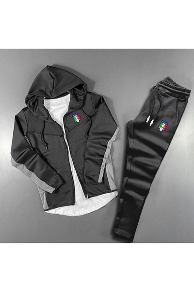 NOFLEN Hooded Black Scuba Printed Zipper Tracksuit Bottom Top Set