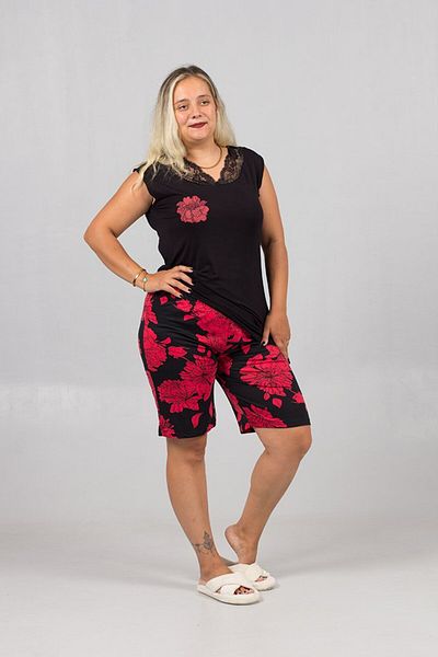 Truva XXL Plus Size Sleeveless Black Pajama Top and Red Floral Shorts Set