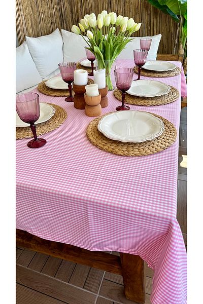 Decamor home Gingham Pink Linen Carefree Tablecloth