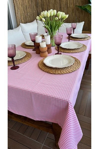 Decamor home Gingham Pink Linen Carefree Tablecloth