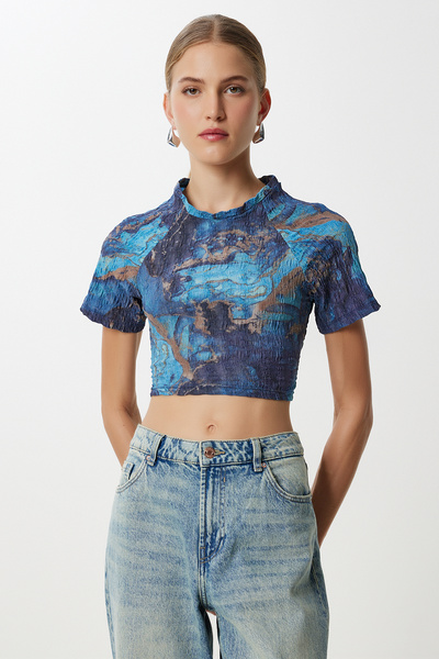 Lovelyİstanbul Patterned Crop Crinkle Blouse Lan0048 Dark Blue