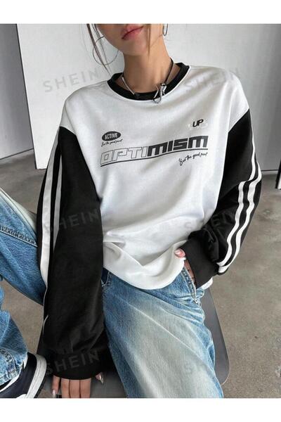 NoVibe Hanorac unisex Optimism cu imprimeu cu vipușcă cu mâneci raglan guler rotund supradimensionat Hanorac de iarnă tricou