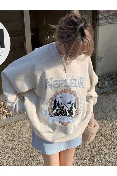 NoVibe Φούτερ με κουκούλα Unisex Plus Size Γκρι Nepleur με στάμπα με λαιμόκοψη