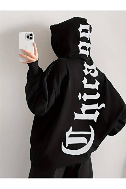 NoVibe سويت شيرت بقلنسوة مقاس كبير للجنسين باللون الأسود مطبوع عليه شيكاغو