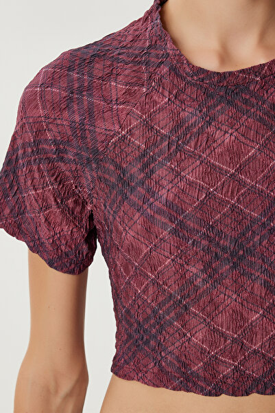 Lovelyİstanbul Patterned Crop Crinkle Blouse Lan0048 Bordo
