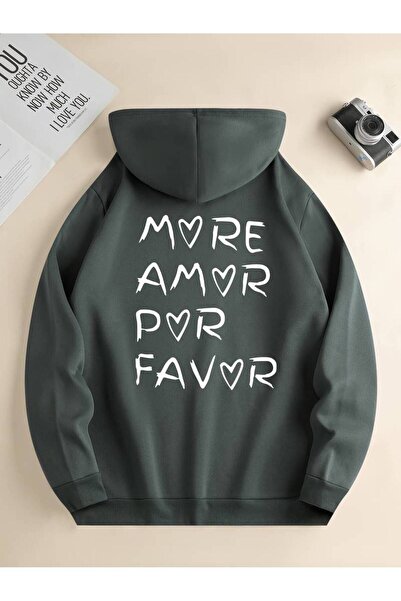 MANCY Hanorac unisex cu glugă, imprimat cu textul „More Amor Por Favor”, supr...