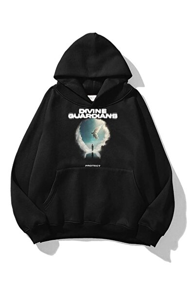 NoVibe Unisex Black Divine Guardians Printed 3 thread Hooded Sweatshirt