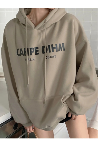 NoVibe Дамски суитшърт с качулка и джоб, голям размер, с щампа Cahpe Dihm