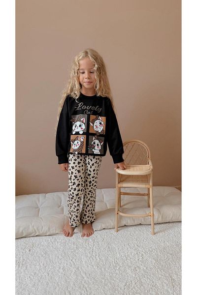WİKİBOOM 2-Thread Seasonal Bottom Top Girls' Suit with Cute Cat Print Leggings