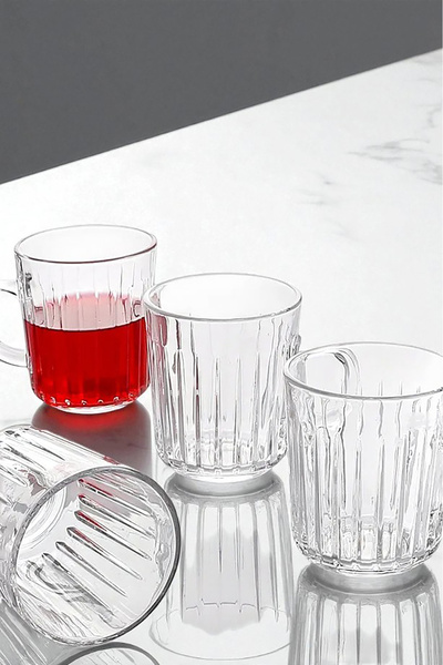 Home Virella Set of 4 Transparent Glass Mug with Vertical Line Pattern and Ha...