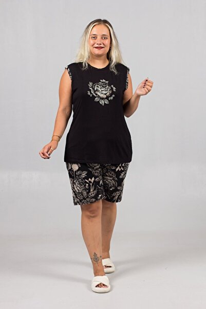 Truva XXL Comfort Plus Size Black Pajamas and Patterned Shorts Set