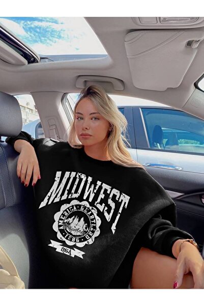 NoVibe سويت شيرت بقلنسوة كبير الحجم مطبوع من الغرب الأوسط للسيدات