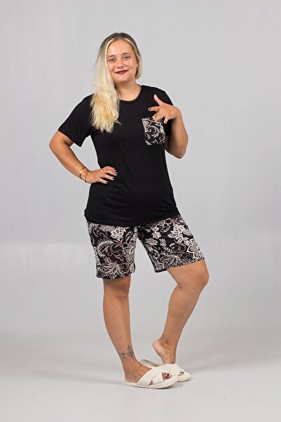 Truva XXL Plus Size Black Pajama Set - Patterned Shorts