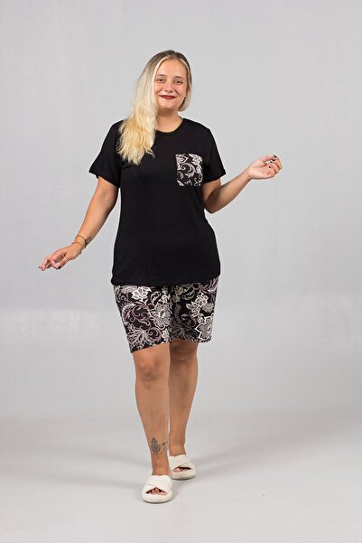 Truva XXL Plus Size Black Pajama Set - Patterned Shorts