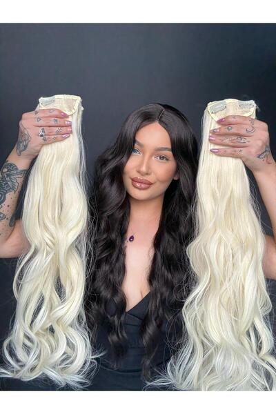 Suzan Peruk Platin 8 parça Dalgalı uzun Çıt Çıt Saç 70cm Ekstra yoğun 250 gra...