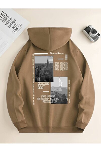 MANCY Unisex City And Mountain Printed Oversize Χειμερινό φούτερ με κουκούλα ...