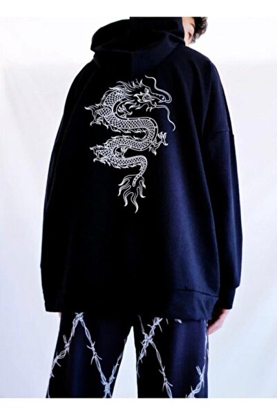 NoVibe Hanorac cu glugă cu imprimeu dragon de mărime mare