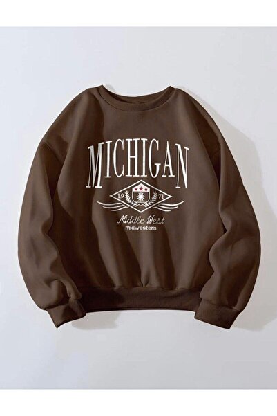 NoVibe Hanorac oversize unisex cu guler rotund și imprimeu Michigan Middle West