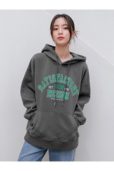 NoVibe Hanorac supradimensionat cu glugă, unisex, antracit, cu 3 fire, imprim...