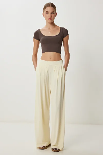 Lovelyİstanbul Wide Leg Draped Modal Trousers Lub0208 Light Yellow