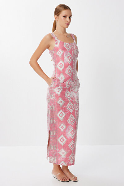 Lovelyİstanbul Askılı Desenli Yırtmaçlı Örme Elbise LFF0035 PEMBE