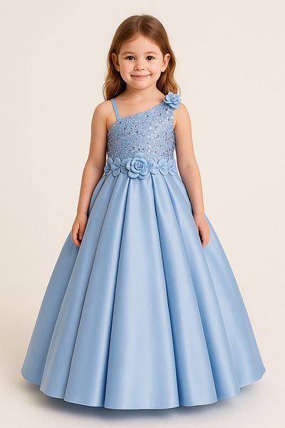 Magu Girl's Blue One Shoulder Flower Detailed Evening Dress - Pleated Long Skirt