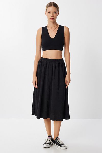 Lovelyİstanbul Textured Flared Woven Skirt Lyy0117 Black