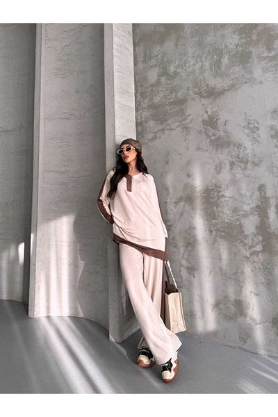 sportiness Garnili Oversize Half Zipper Slit Detailed Wide Leg Modal Fabric Tracksuit Set