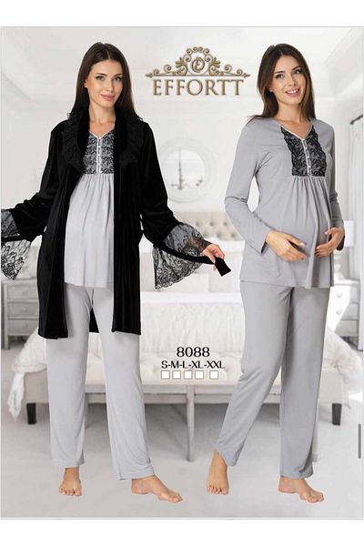 EM&FA TEKSTİL Maternity Maternity Velvet Dressing Gown Pajama Set