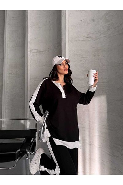 02Lady Fashion Garnili Oversize Half Zipper Slit Detailed Wide Leg Modal Fabric Tracksuit Set