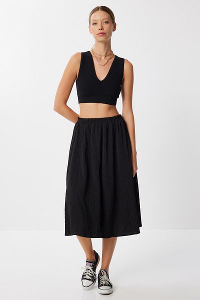 Lovelyİstanbul Textured Flared Woven Skirt Lyy0117 Black