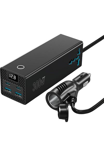 Powerology 300W Car Power Inverter, 2 AC Sockets, Dual 36W PD USB-C, Dual QC USB-A 30W, Voltage Moni