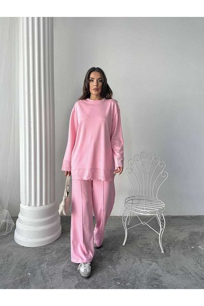 02Lady Fashion Lace Detailed Oversize Wide Leg Modal Fabric Tracksuit Set