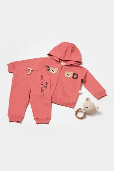Magu Baby Cotton Hooded Teddy Bear Printed Tracksuit Set - Two Pieces