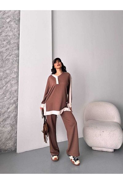 sportiness Garnili Oversize Half Zipper Slit Detailed Wide Leg Modal Fabric Tracksuit Set